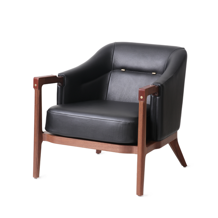 Modern lounge chair with natural walnut wooden frame, black leather upholstery, and brass details, perfect for contemporary living rooms or stylish office spaces.