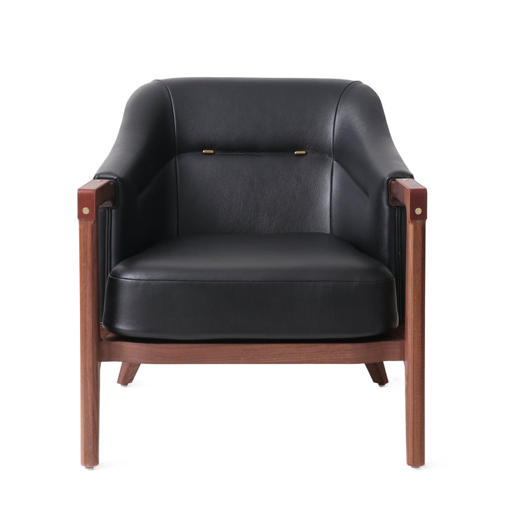 Modern lounge chair with natural walnut wooden frame, black leather upholstery, and brass details, perfect for contemporary living rooms or stylish office spaces.