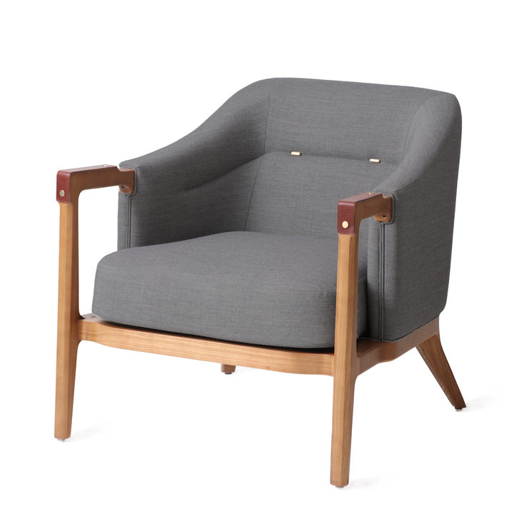 Modern lounge chair with natural walnut wooden frame, grey fabric upholstery, and brass details, perfect for contemporary living rooms or stylish office spaces.