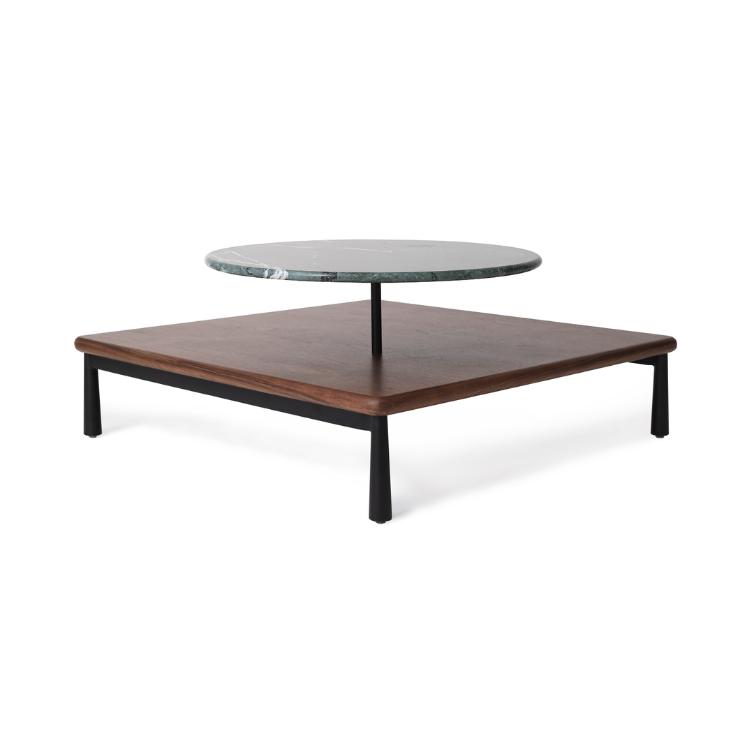 Modern Arc coffee table with a natural walnut wooden base, featuring a striking green marble circular centerpiece, perfect for upscale hospitality settings such as hotel lobbies and luxury lounges.